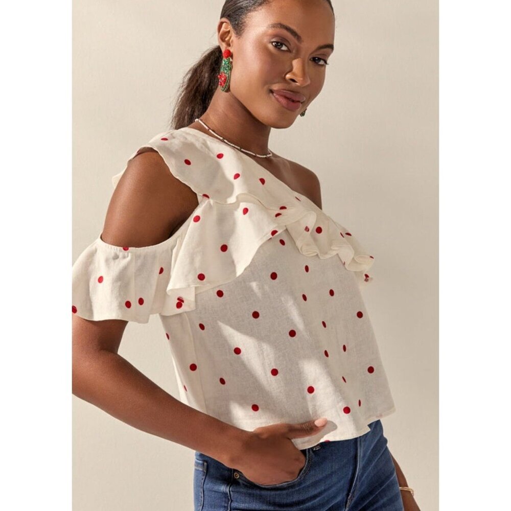 Mi Ami Francesca's Piper Cold Shoulder Red White Polka Dot Ruffle Top Sz S Linen